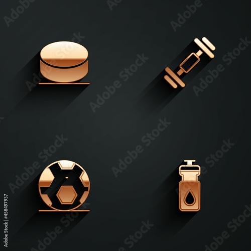 Set Hockey puck, Dumbbell, Soccer football ball and Fitness shaker icon with long shadow. Vector