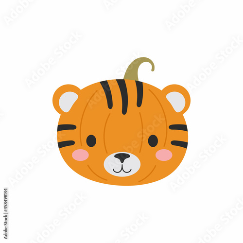 Happy Halloween cute cartoon pumpkin with tiger face. Halloween party decor for children. Childish print for cards  stickers  invitation  nursery decoration. Vector illustration.