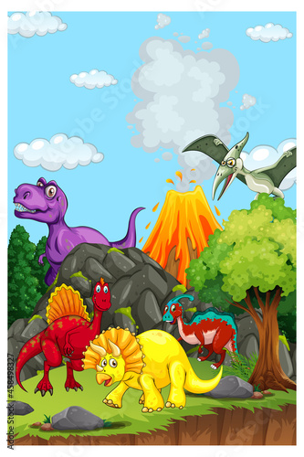 Prehistoric landscape scene with various dinosaurs
