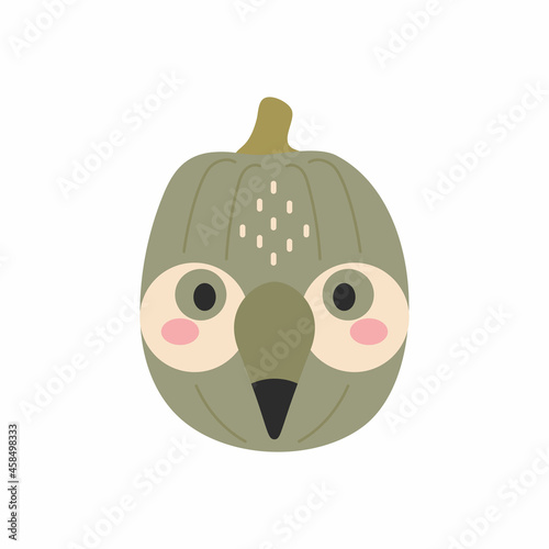 Happy Halloween cute cartoon pumpkin with toucan face. Halloween party decor for children. Childish print for cards, stickers, invitation, nursery decoration. Vector illustration.