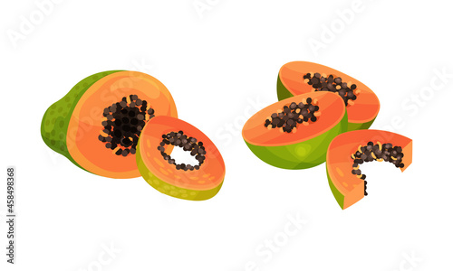 Sliced papaya fruit with seeds set. Organic nutritious vegetarian product vector illustration