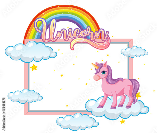 Empty banner with cute unicorn cartoon character on white background