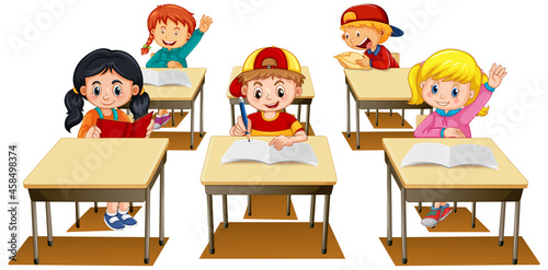 Students raising their hands on white background