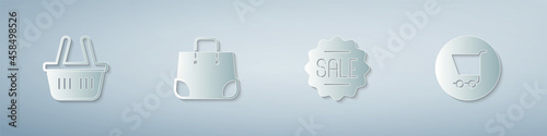 Set Shopping basket, Paper shopping bag, Price tag with Sale and cart. Paper art style. Vector
