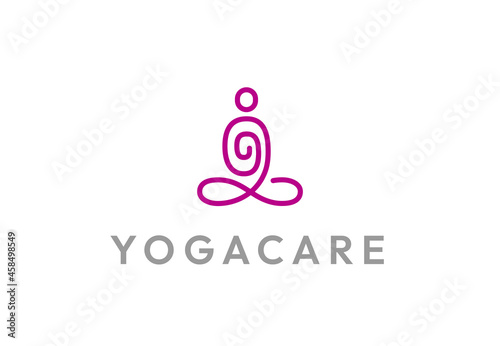 Yoga logo abstract man sitting lotus pose. Simple linear spa beauty zen harmony logotype concept. Meditation sign.