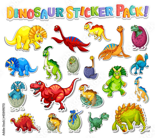 Sticker set with different types of dinosaurs cartoon characters