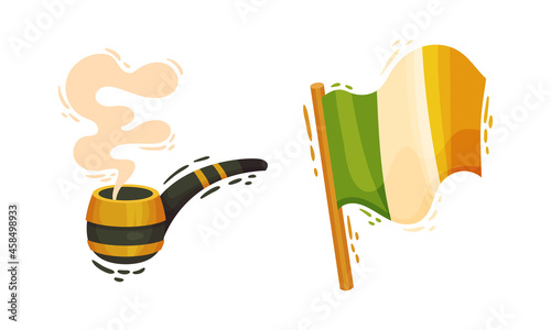 Happy Saint Patrick Day set. Smoking pipe and Flag of Ireland, traditional symbols of Irish holiday cartoon vector illustration