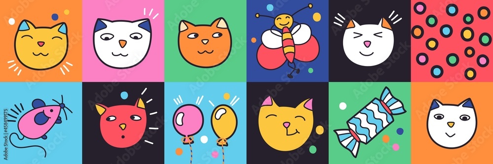 Set of cute comic characters cats and elements. Funny cartoon style. Vector template