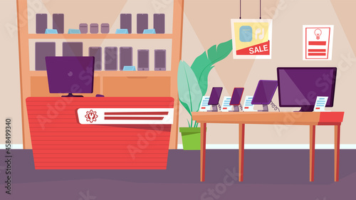 Electronics store interior concept in flat cartoon design. Shop with assortment of mobile phones, tv and computer, gadgets on showcase and table, checkout. Vector illustration horizontal background