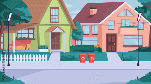 Suburb street view concept in flat cartoon design. Private houses with path, green lawns, trees, sidewalk and road. Village landscape with real estate. Vector illustration horizontal background