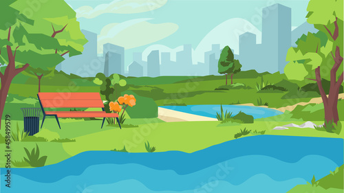 Summer city park concept in flat cartoon design. Public recreation garden with lake or river, bench, green lawn, trees, cityscape with skyscrapers on horizon. Vector illustration horizontal background