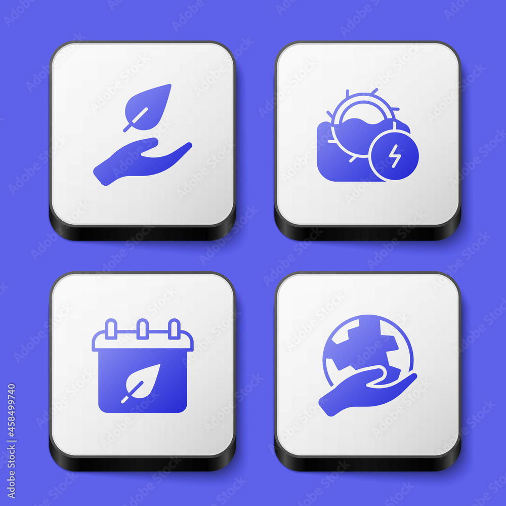 Set Leaf in hand, Water mill, Calendar with autumn leaves and Hand holding Earth globe icon. White square button. Vector Set Leaf in hand, Water mill, Calendar with autumn leaves and Hand holding Earth globe icon. White square button. Vector