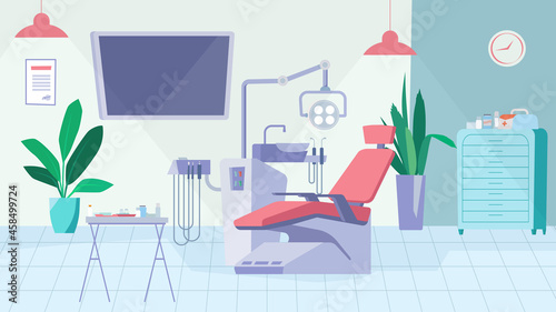 Dentist office interior concept in flat cartoon design. Room with dental chair, lamp and medical instruments. Stomatology treatment, orthodontic service. Vector illustration horizontal background