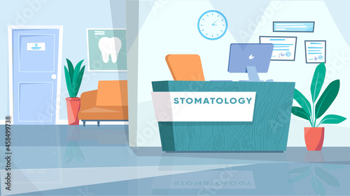 Dentistry waiting room interior concept in flat cartoon design. Lobby with reception desk, workplace with computer, sofa for patients by doctor office door. Vector illustration horizontal background