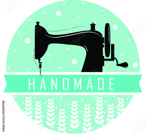 Cute patterned black sewing machine logo For use as a craft logo. There is a green polka dot and flowers background that represents sweetness.