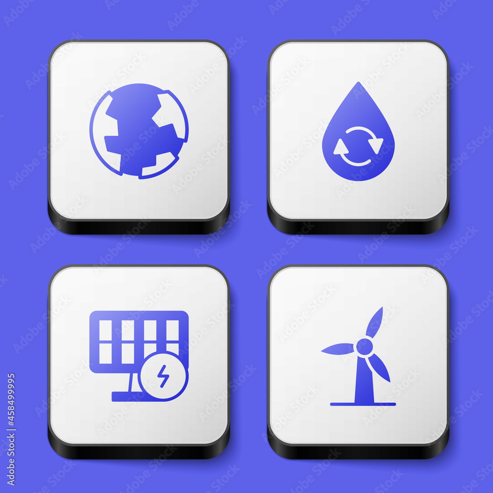 Set Earth globe, Recycle clean aqua, Solar energy panel and Wind turbine icon. White square button. Vector Set Earth globe, Recycle clean aqua, Solar energy panel and Wind turbine icon. White square button. Vector