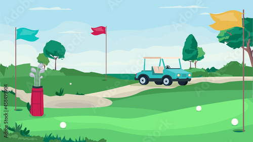 Golf game field concept in flat cartoon design. Green field with holes for balls and flags, golf car, bag with clubs. Competition place, tournament, sport. Vector illustration horizontal background