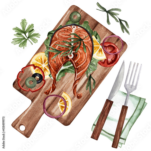 Watercolor illustration of a fish steak with lemon, tomatoes and herbs. A healthy dinner for a healthy diet. Beautiful food. Restaurant dish. Suitable for decorating restaurants, cafes, menus, etc.