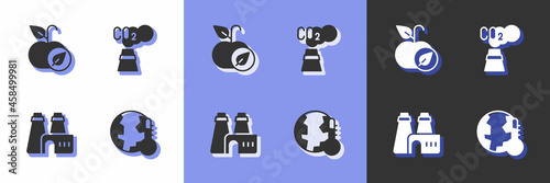 Set Earth melting to global warming, Apple, Factory production and CO2 emissions cloud icon. Vector