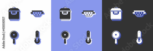 Set Pizza knife, Slow cooker, Frying pan and Kitchen colander icon. Vector