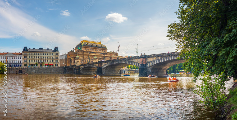National Theatre building and Legion Bridge, Prague, Czech republic, waterfront view across the river Vltava