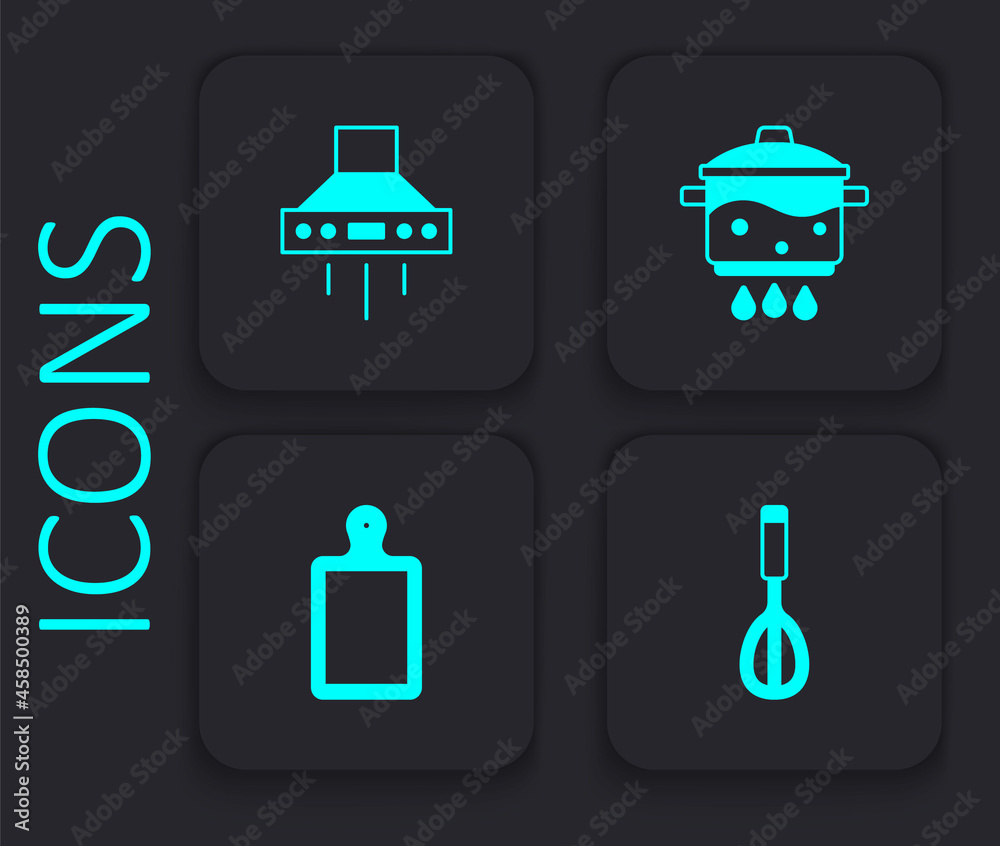 Set Kitchen whisk, extractor fan, Cooking pot on fire and Cutting board icon. Black square button. Vector