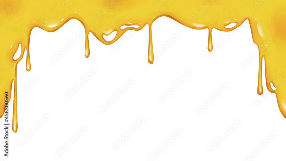 Obraz premium Sweet honey on a white background. Colorful background with delicious honey flowing from the edge. Dripping honey element isolated on white background. Drawn illustration for cafe, shop, bakery menu.