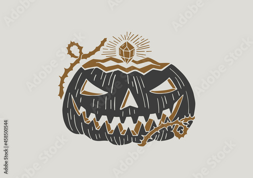 Black and white illustration with a sinister pumpkin. Day of the Dead. Halloween. Drawing for souvenirs and tattoo