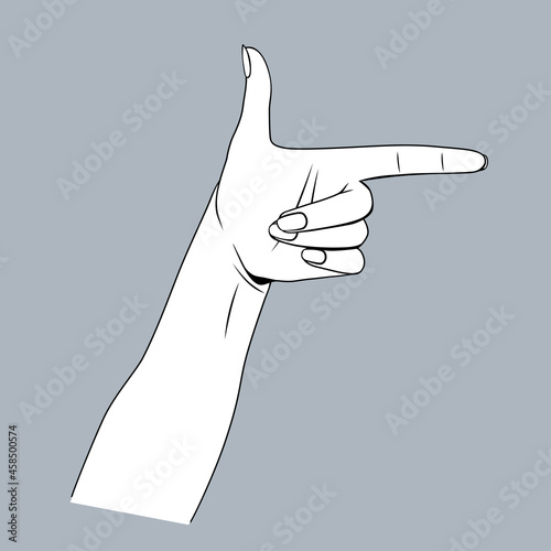 Linear black and white stylized drawing of female pointing hand.
