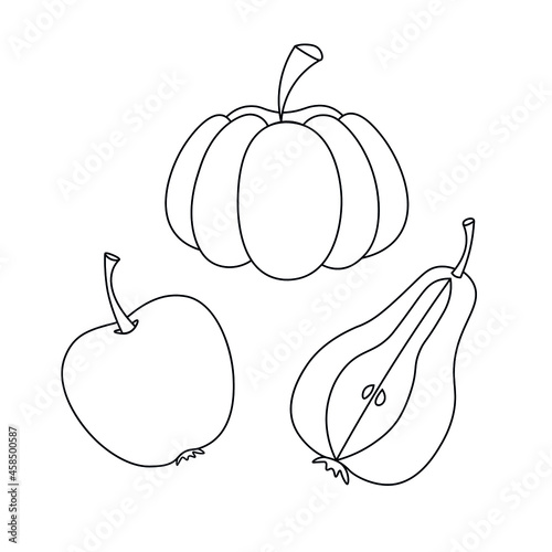 Vector for printing coloring books for children. Apple, pear and pumpkin. Autumn set. Children's drawings. Symbols of fruits and vegetables. Black and white image.