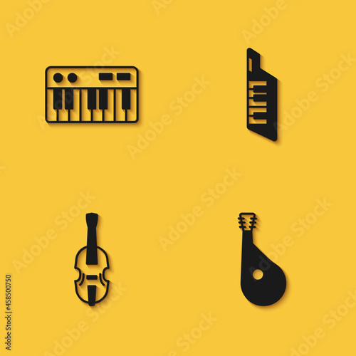 Set Music synthesizer, Bandura, Violin and Keytar icon with long shadow. Vector