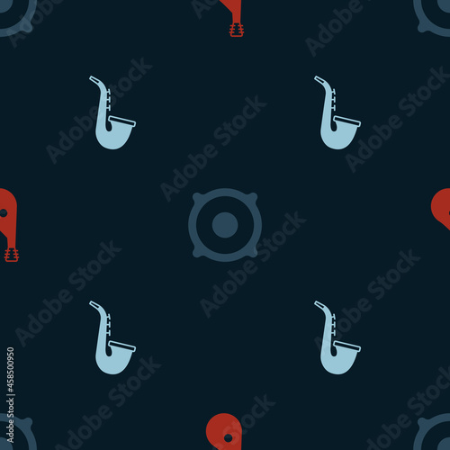 Set Bandura, Stereo speaker and Saxophone on seamless pattern. Vector