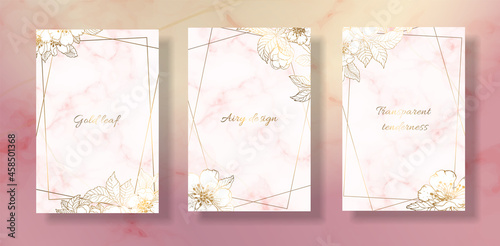 Gold frame pink, leaves and flowers of cherry. Marble pink background. Geometric abstract frame. Vector file.
