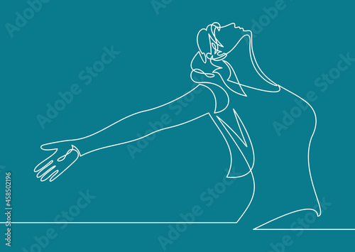 Continuous line art or One Line Drawing of a woman stretching arms is relaxing picture vector illustration