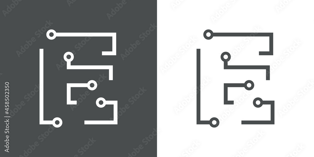 Logotipo letra inicial E con forma de circuito electrónico con lineas en fondo gris y fondo blanco Logotipo letra inicial E con forma de circuito electrónico con lineas en fondo gris y fondo blanco