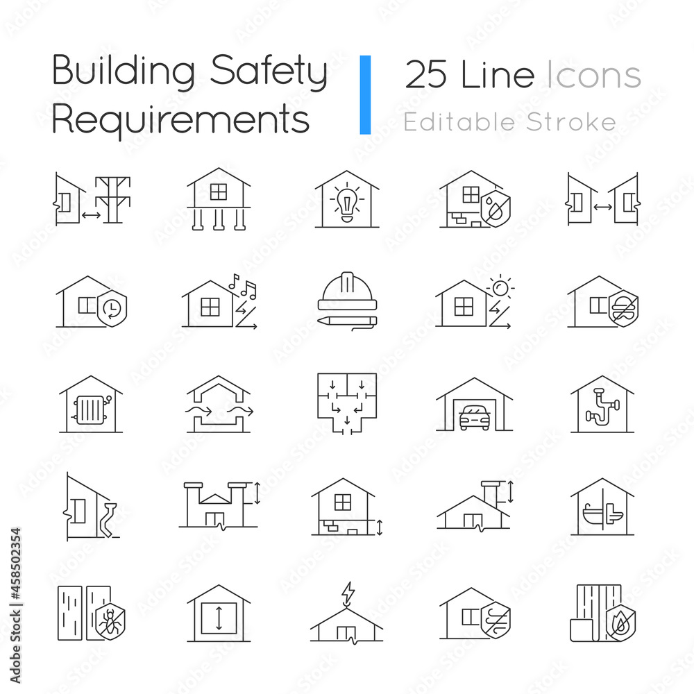 Building safety requirements linear icons set. Remodeling house. Standards for buildings design. Customizable thin line contour symbols. Isolated vector outline illustrations. Editable stroke Building safety requirements linear icons set. Remodeling house. Standards for buildings design. Customizable thin line contour symbols. Isolated vector outline illustrations. Editable stroke