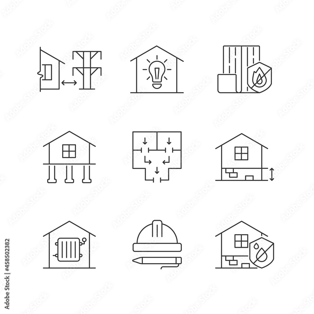 Building safety regulations linear icons set. Adequate housing. Resistance to fire. Electricity supply. Customizable thin line contour symbols. Isolated vector outline illustrations. Editable stroke