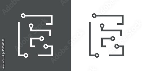 Logotipo letra inicial E con forma de circuito electrónico con lineas en fondo gris y fondo blanco