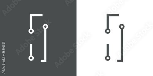 Logotipo letra inicial I con forma de circuito electrónico con lineas en fondo gris y fondo blanco