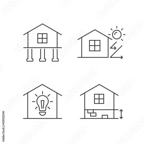 Residential building linear icons set. Pile foundation. Thermal insulation. Electricity supply to home. Customizable thin line contour symbols. Isolated vector outline illustrations. Editable stroke