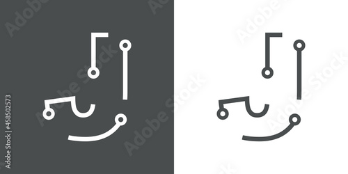 Logotipo letra inicial J con forma de circuito electrónico con lineas en fondo gris y fondo blanco