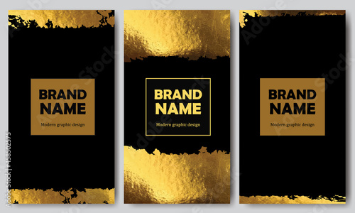 Vector grunge gold foil on black background.Contemporary card template. Gold and black luxury banner set. Trendy holiday art, Christmas postcard, branding, stationary. Artistic modern vector posters.