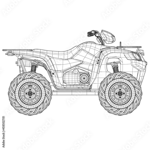 Wireframe of detailed ATV from black lines isolated on white background. Side view. 3D. Vector illustration