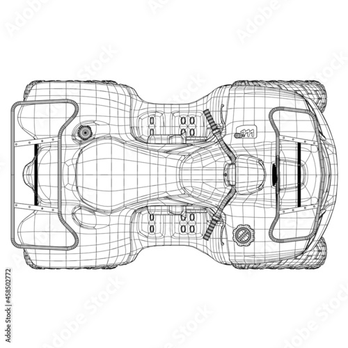 Wireframe of detailed ATV from black lines isolated on white background. View from above. 3D. Vector illustration