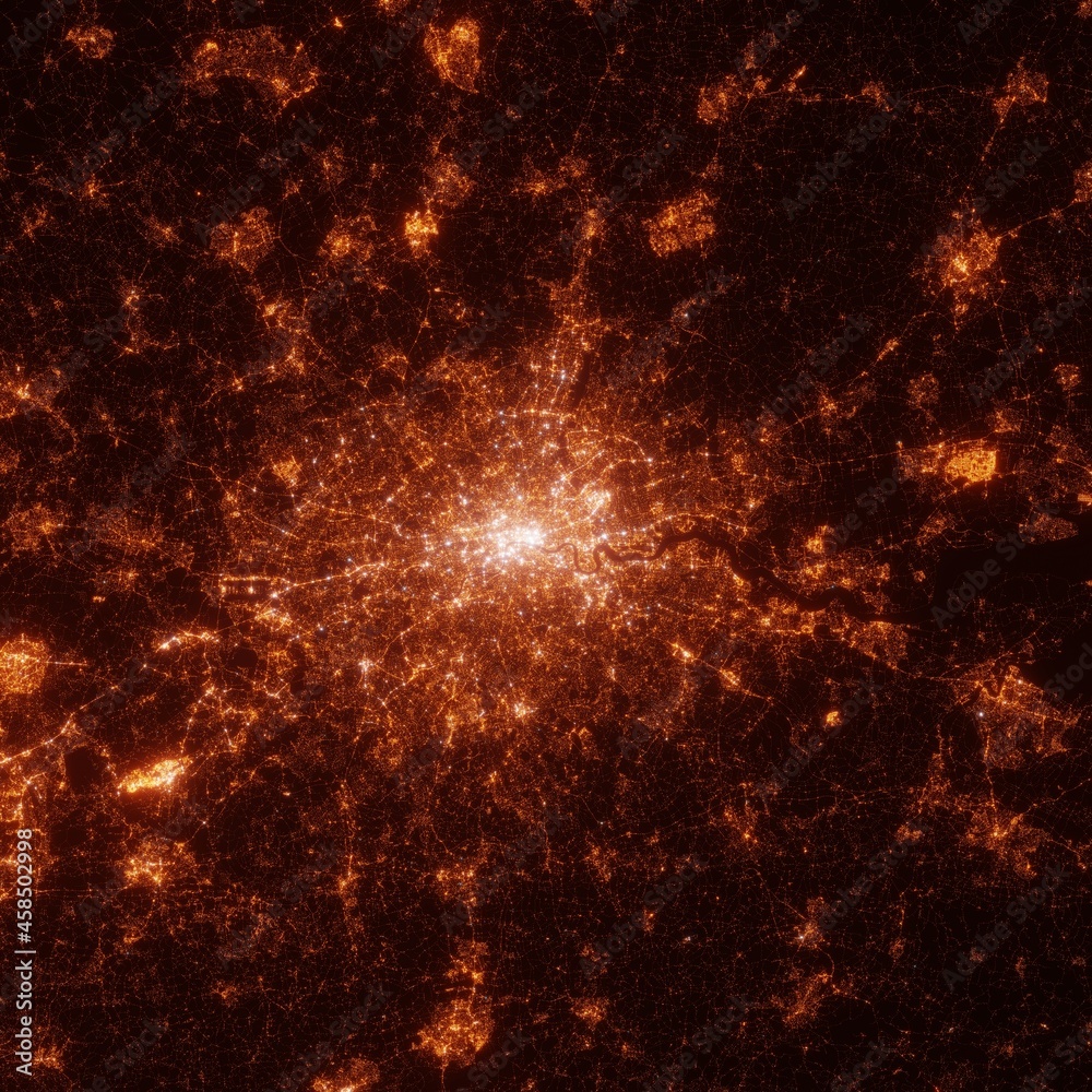 London city lights map, top view from space. Aerial view on night street lights. Global networking, cyberspace