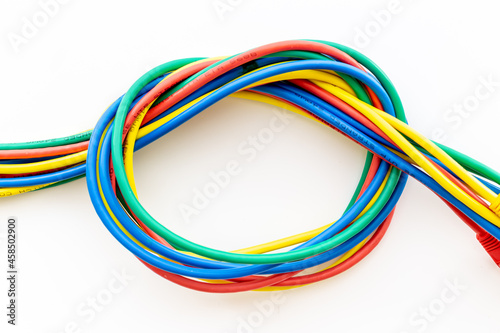 Colored electrical cables and wires, top view