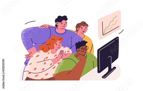 People watching for graph with growing positive trend. Team looking at growth chart of stock market. Concept of business success and development. Flat vector illustration isolated on white background