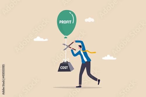 Cost reduction, cut expense to increase profit, improve business profitability by reduce spending, decrease investment fees, businessman using scissors to cut heavy cost burden and let profit run. photo
