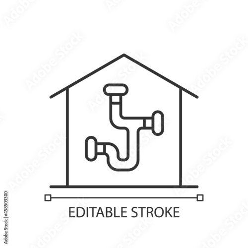 Plumbing system linear icon. Installing pipes and fixtures in house. Well-arranged piping network. Thin line customizable illustration. Contour symbol. Vector isolated outline drawing. Editable stroke