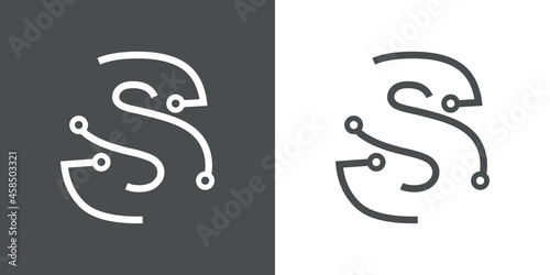 Logotipo letra inicial S con forma de circuito electrónico con lineas en fondo gris y fondo blanco